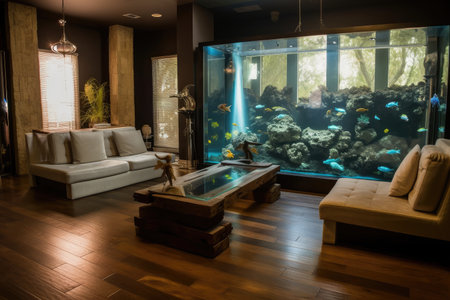 relaxing living room with aquarium and comfy lounge chairs, perfect for reading and meditation, created with generative aiの素材