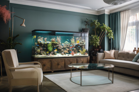 aquarium filled with colorful fish and underwater plants in living room with stylish furniture, created with generative aiの素材