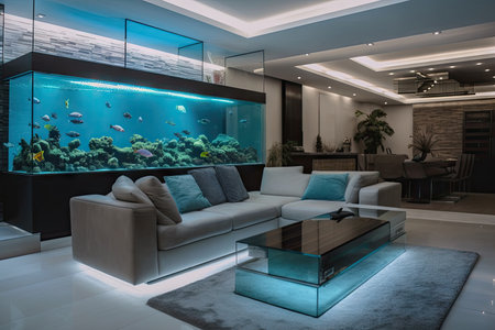 a sleek and modern living room with a futuristic aquarium, featuring cutting-edge equipment and technology, created with generative aiの素材