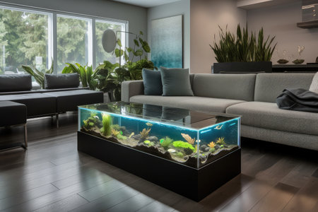modern living room with sleek aquarium and floating plants, created with generative aiの素材