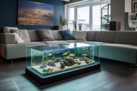 modern living room with glass aquarium and contemporary furniture, created with generative aiの素材