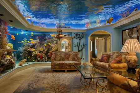 decorated living room with aquarium, where the inhabitants of the underwater world are shown in all its diversity, created with generative aiの素材