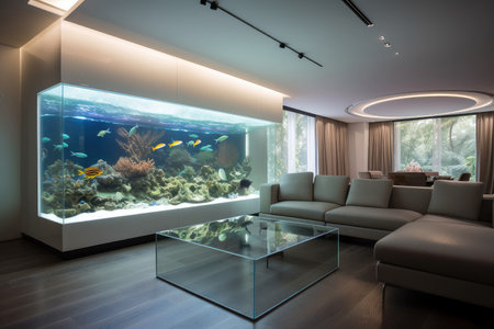 creative and stylish living room with aquarium, comfortable sofa and unique lighting, created with generative aiの素材