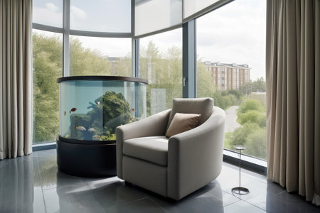 comfortable armchair surrounded by natural light and view of a scenic aquarium, created with generative aiの素材