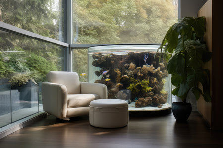 comfortable armchair surrounded by natural light and view of a scenic aquarium, created with generative aiの素材
