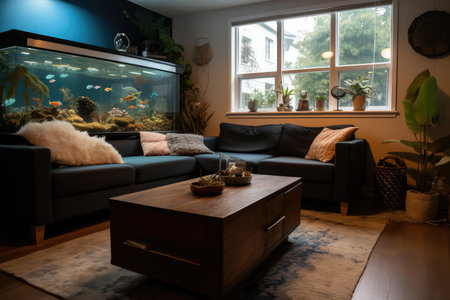 living room with aquarium and cozy blanket on the couch, created with generative aiの素材