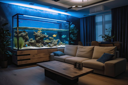 living room with aquarium and cozy blanket on the couch, created with generative aiの素材