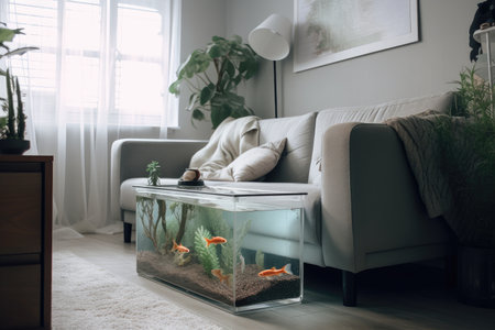 living room with aquarium and cozy blanket on the couch, created with generative aiの素材
