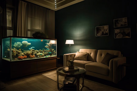 relaxing living room with aquarium and cozy armchair, perfect for reading or watching the fish, created with generative aiの素材