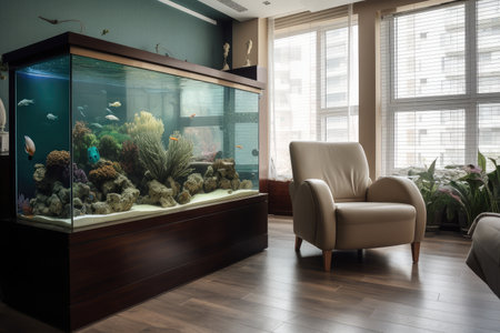 relaxing living room with aquarium and cozy armchair, perfect for reading or watching the fish, created with generative aiの素材