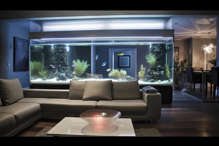 modern living room with sleek aquarium and floating lights, created with generative aiの素材