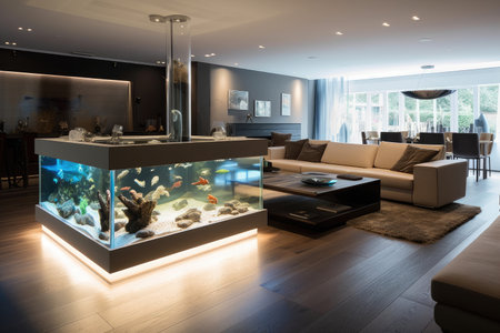 modern living room with sleek aquarium and floating lights, created with generative aiの素材