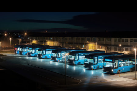 bus depot at night, with the lights shining bright and the buses ready to take people on their journeys, created with generative aiの素材