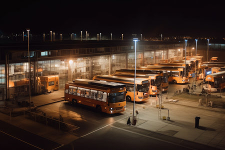 bus depot at night, with lit-up buses and other vehicles in view, created with generative aiの素材