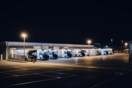 bus depot at night with the lights shining bright, created with generative aiの素材