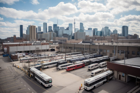 bus depot with view of the city skyline, with tall buildings and busy streets visible, created with generative aiの素材