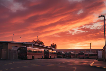 bus depot at sunrise, with the sky painted in warm hues of orange and pink, created with generative aiの素材