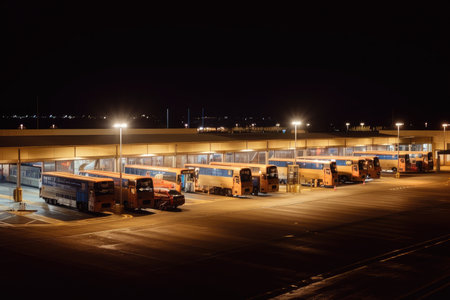bus depot at night with its lights on, shining brightly, created with generative aiの素材