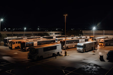bus depot at night, with buses and other vehicles parked in the lot, created with generative aiの素材