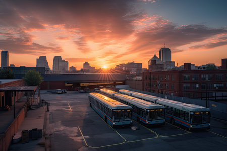 bus depot with view of the city skyline at sunset, captured in a peaceful and serene moment, created with generative aiの素材