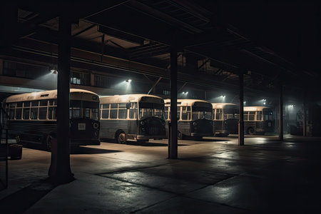 bus depot at night, with all the lights shining and spooky shadows dancing on the walls, created with generative aiの素材