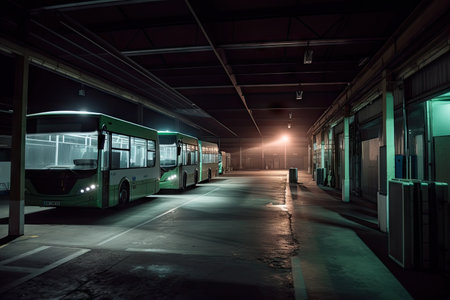bus depot at night, with all the lights shining and spooky shadows dancing on the walls, created with generative aiの素材