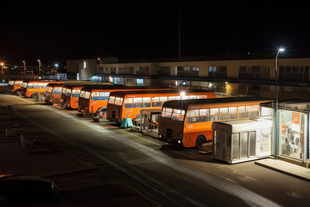 bus depot at night, with the illuminated sign and buses in the background, created with generative aiの素材