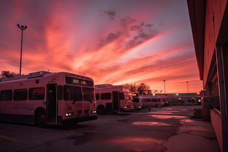 bus depot with sunset, with warm orange and pinks hues shining through the sky, created with generative aiの素材