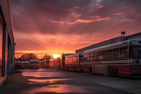 bus depot with sunset, with warm orange and pinks hues shining through the sky, created with generative aiの素材