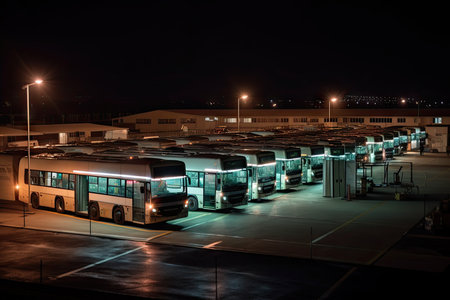 bus depot at night, with the lights shining brightly and buses parked in rows, created with generative aiの素材
