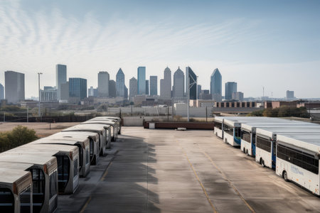 bus depot with view of city skyline in the background, showing off the metropolis, created with generative aiの素材