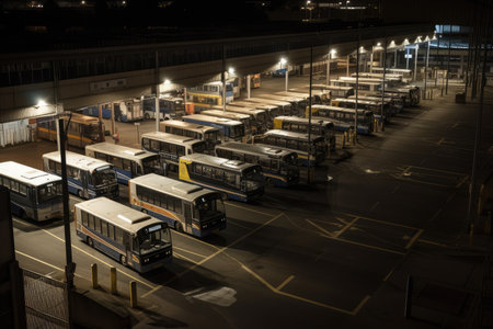 bus depot at night, with rows of buses and other vehicles parked in the shadows, created with generative aiの素材