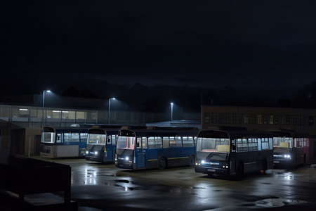 bus depot at night, with the lights of the buses illuminating the scene, created with generative aiの素材