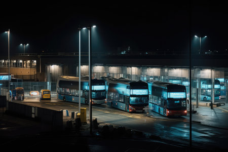 bus depot at night, with the lights of the buses illuminating the scene, created with generative aiの素材