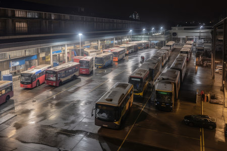 bus depot at nighttime, with buses and other vehicles parked in rows, created with generative aiの素材