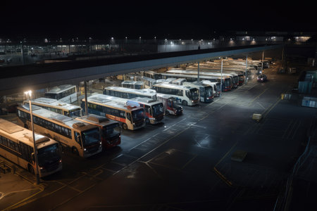 bus depot at nighttime, with buses and other vehicles parked in rows, created with generative aiの素材