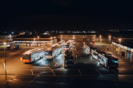 bus depot at night, with the lights on and buses in position for their next trip, created with generative aiの素材