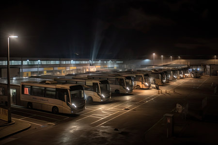 bus depot at night, with the lights on and buses in position for their next trip, created with generative aiの素材
