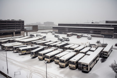 bus depot during heavy snowfall, with buses buried under the blanket of white, created with generative aiの素材