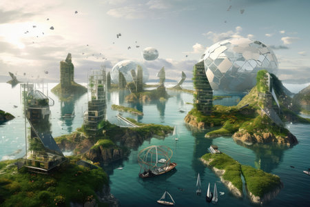 green city of the future, with floating greenhouses on the water and solar panel farms in the air, created with generative aiの素材