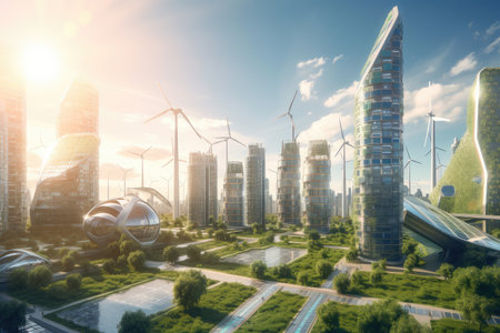 green city of the future, with sun shining on solar panels and wind turbines, created with generative aiの素材