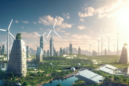 green city of the future, with solar panels and wind turbines generating clean energy, created with generative aiの素材