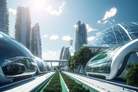 green city of the future, with transport system using electricity and solar energy, created with generative aiの素材