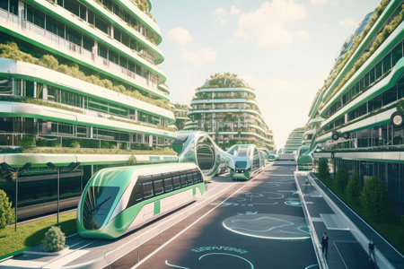 green city of the future, with transport system using electricity and solar energy, created with generative aiの素材