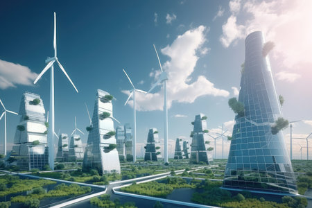 green city of the future, with solar panels and wind turbines supplying clean energy, created with generative aiの素材
