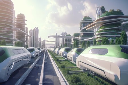 green city of the future, with high-tech transportation system and self-driving cars, created with generative aiの素材