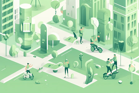 green city of the future, with people walking and biking on electric scooters and cars, created with generative aiの素材