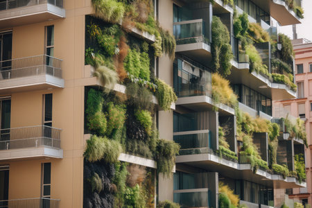 green, vertical garden on the side of a high-rise building, created with generative aiの素材