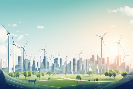 green city of the future, with wind turbines and solar panels providing clean energy, created with generative aiの素材