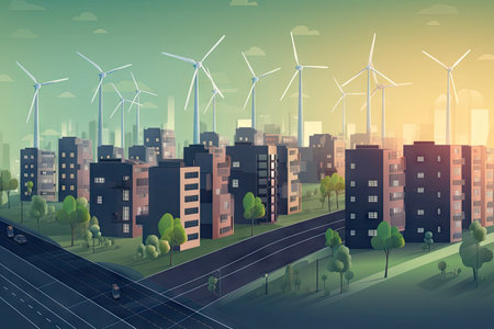 green city with solar panels and wind turbines, providing clean sustainable energy, created with generative aiの素材